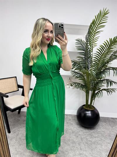 Orj Marka Beli Lastikli Şifon Elbise Yeşil