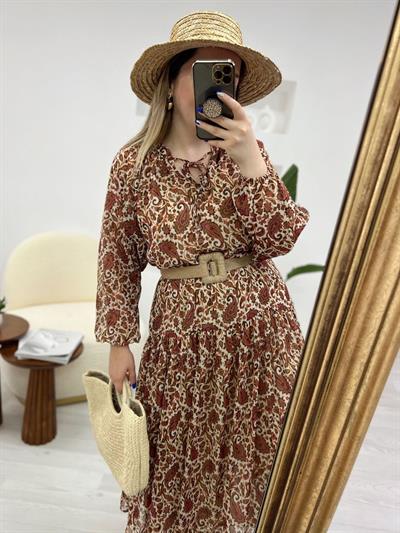 Orj Marka Beli Şifon Lastıkli Elbise Kahve