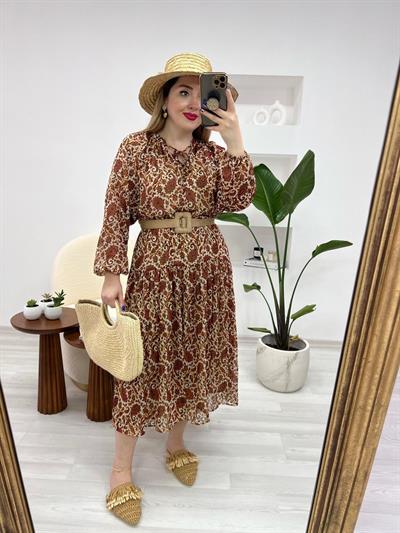 Orj Marka Beli Şifon Lastıkli Elbise Kahve
