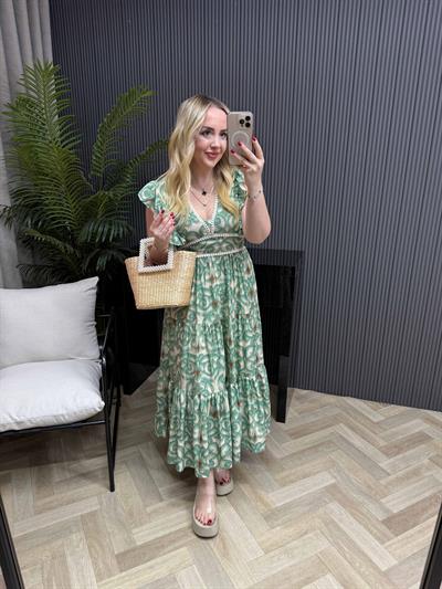 Orj Marka Çiçekli Mint Yeşil Elbise