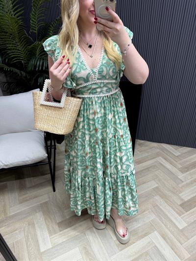 Orj Marka Çiçekli Mint Yeşil Elbise