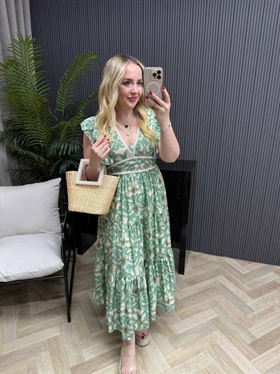 Orj Marka Çiçekli Mint Yeşil Elbise