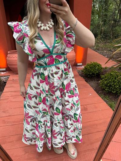 Orj Marka Çiçekli Mint Yeşili Detaylı Elbise