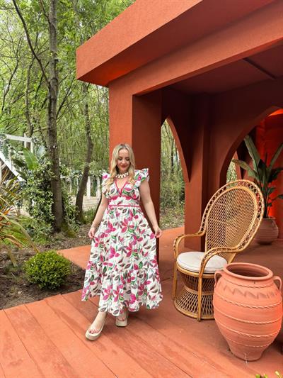 Orj Marka Çiçekli Pembe Detaylı Elbise