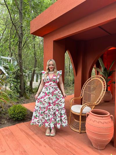 Orj Marka Çiçekli Pembe Detaylı Elbise