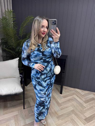 Drapeli Tül Elbise Mavi