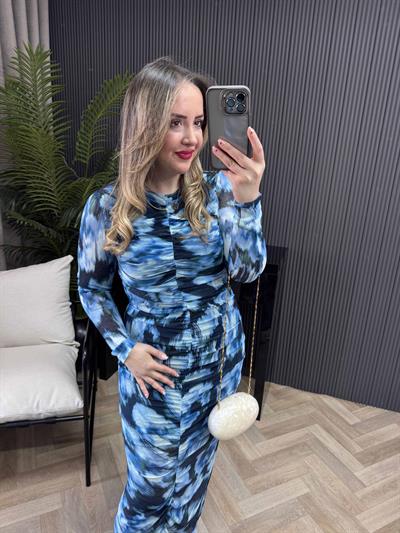 Drapeli Tül Elbise Mavi