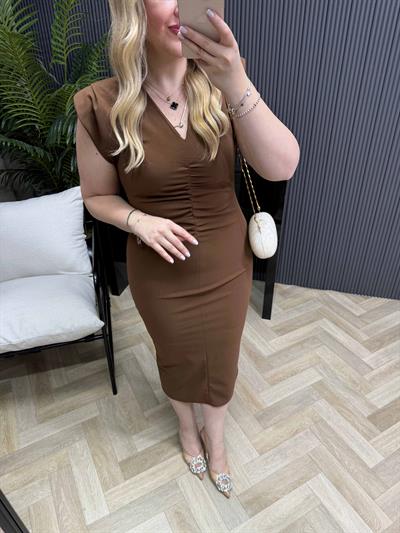 Orj Marka Drapeli Vatkalı Krep Elbise Kahverengi