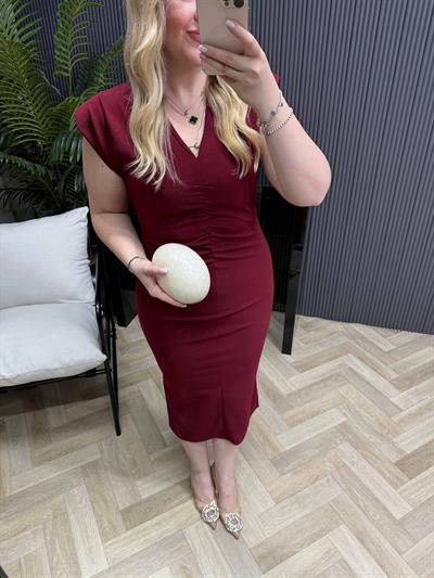 Orj Marka Drapeli Vatkalı Krep Elbise Bordo