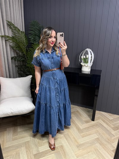 Orj Marka Kemerli Denim Elbise