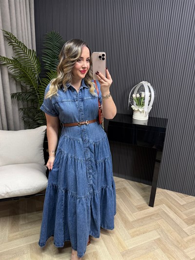 Orj Marka Kemerli Denim Elbise