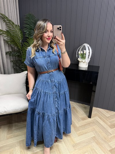 Orj Marka Kemerli Denim Elbise