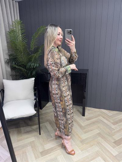 Orj Marka Kemerli Şifon Elbise Haki Simli