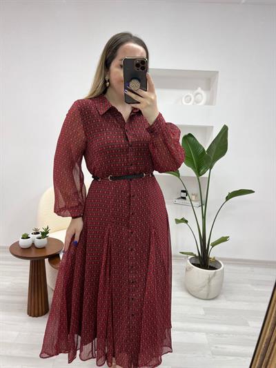 Orj Marka Kirmizi Şifon Kemerli Elbise