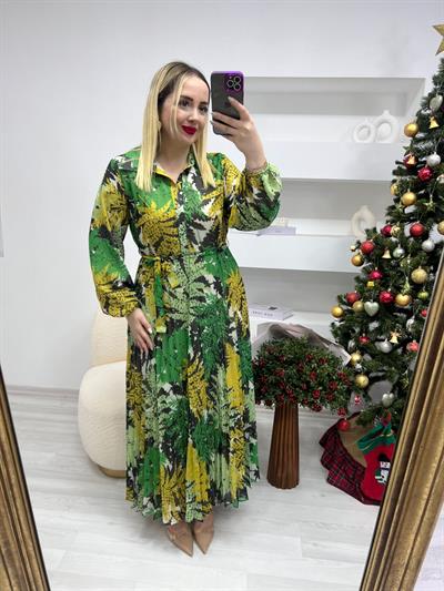 Orj Marka Maxi Boy Şifon Elbise Yeşil Desenli
