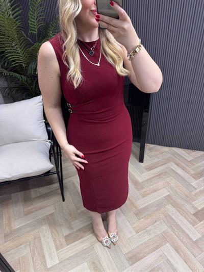 Orj Marka Model Bel Detaylı Drapeli Kalem Elbise Bordo