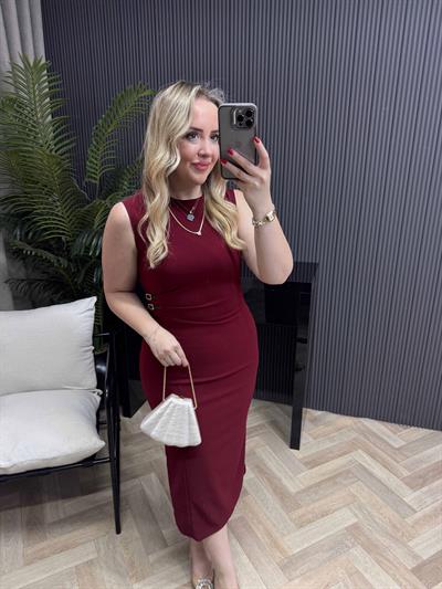 Orj Marka Model Bel Detaylı Drapeli Kalem Elbise Bordo