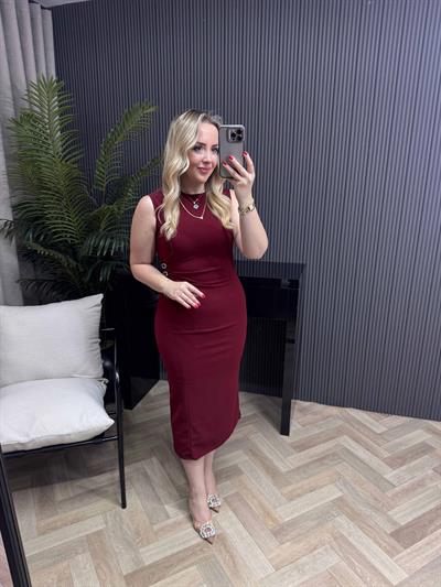 Orj Marka Model Bel Detaylı Drapeli Kalem Elbise Bordo