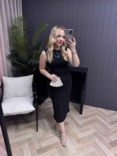 Orj Marka Model Bel Detaylı Drapeli Kalem Elbise Siyah