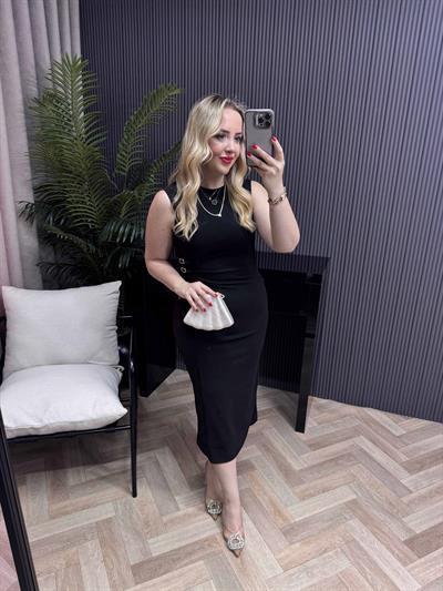 Orj Marka Model Bel Detaylı Drapeli Kalem Elbise Siyah