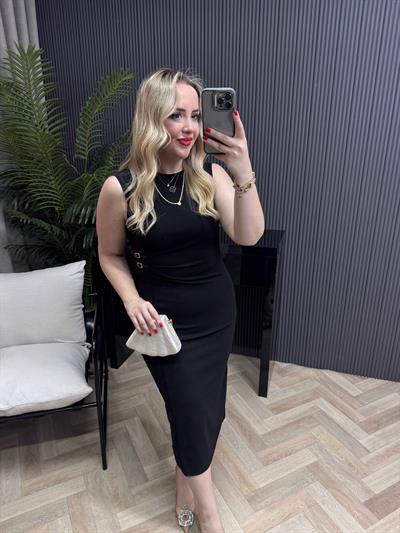 Orj Marka Model Bel Detaylı Drapeli Kalem Elbise Siyah