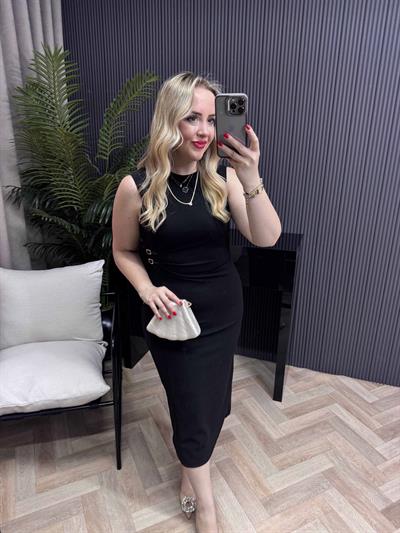 Orj Marka Model Bel Detaylı Drapeli Kalem Elbise Siyah