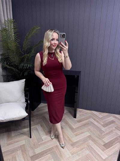 Orj Marka Model Bel Detaylı Drapeli Kalem Elbise Bordo