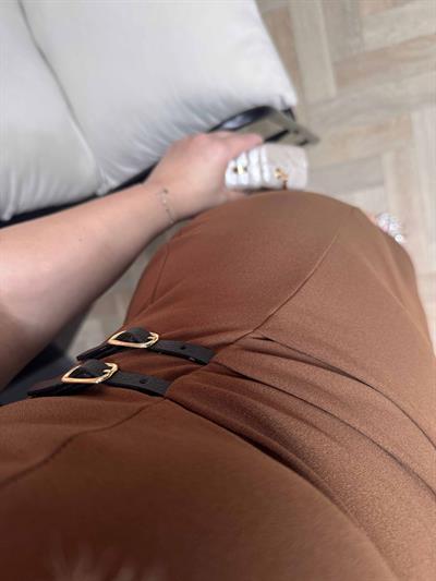 Orj Marka Model Bel Detaylı Drapeli Kalem Elbise Kahverengi