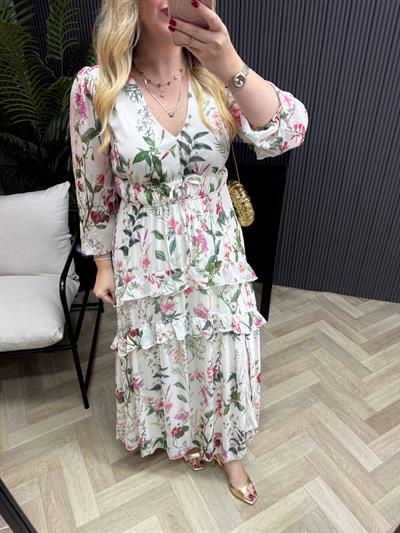 Orj Marka Model Ekru Çiçek Desenli Şifon Elbise