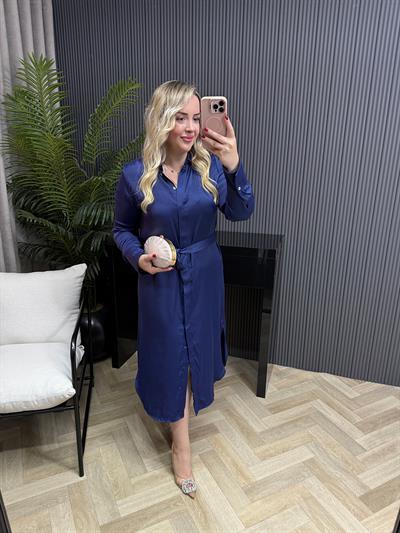 Orj Marka Model İpek Saten Gömlek Elbise Lacivert