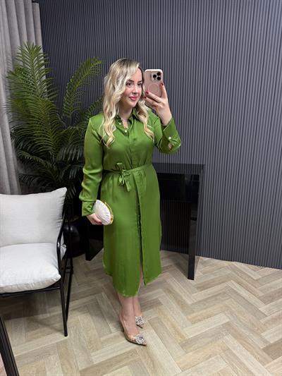 Orj Marka Model İpek Saten Gömlek Elbise Yeşil