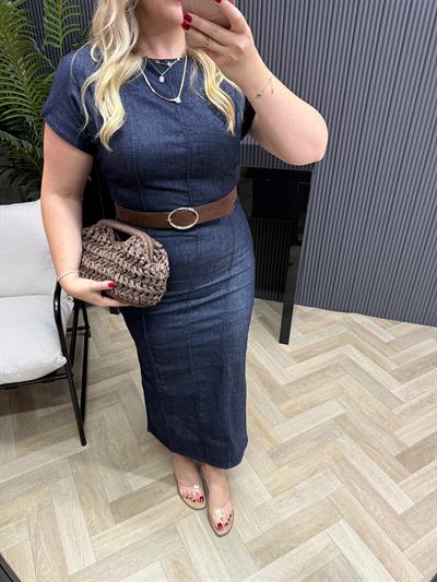 Orj Marka Model Kısa Kollu Kemerli Denim Elbise