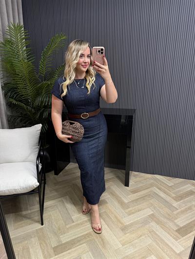 Orj Marka Model Kısa Kollu Kemerli Denim Elbise