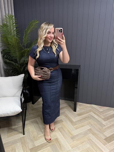 Orj Marka Model Kısa Kollu Kemerli Denim Elbise