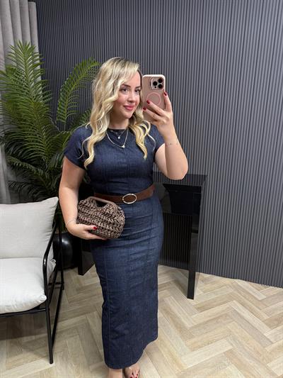 Orj Marka Model Kısa Kollu Kemerli Denim Elbise