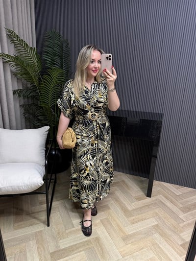 Orj Marka Model Kuşaklı Keten Elbise 