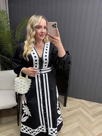 Orj Marka Model Nakışlı Poplin Elbise Siyah