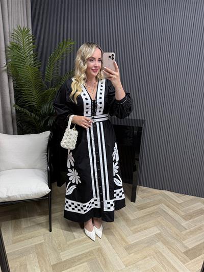 Orj Marka Model Nakışlı Poplin Elbise Siyah