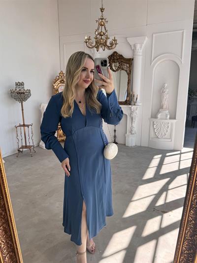 Orj Marka Model Saten Detaylı Mavi Elbise