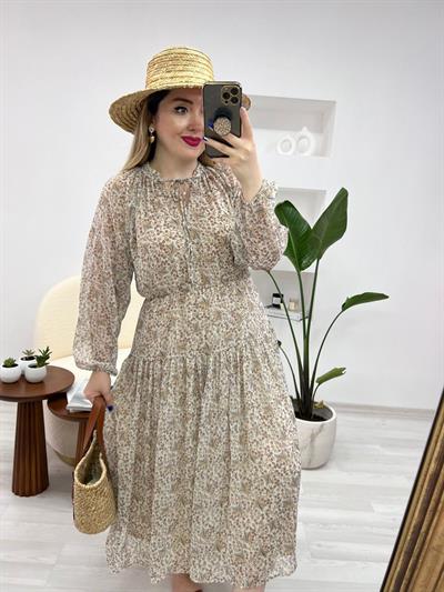 Orj Marka Şifon Beli Lastikli Elbise Ekru