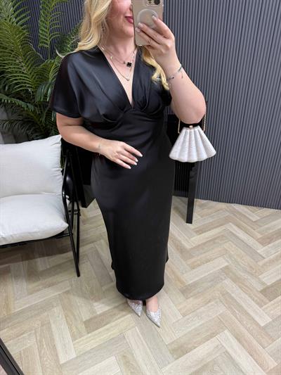 Orj Marka V Yaka Saten Elbise Siyah