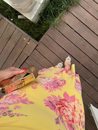 Orj Marka Sarı Pembe Çiçekli Şifon Elbise