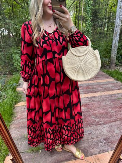 Orj Zr Kırmızı-Siyah Maxi Uzun Elbise