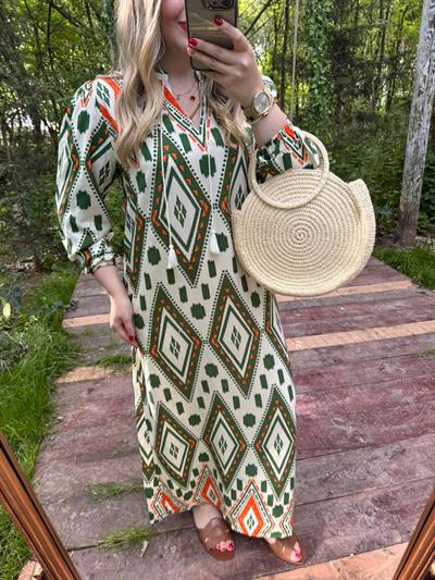 Orj Zr Marka Uzun Elbise Yeşil Desenli