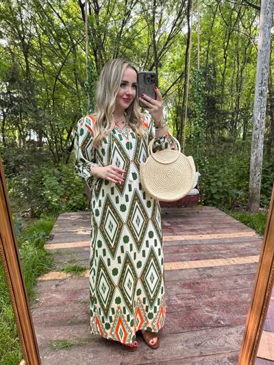 Orj Zr Marka Uzun Elbise Yeşil Desenli