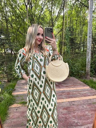 Orj Zr Marka Uzun Elbise Yeşil Desenli