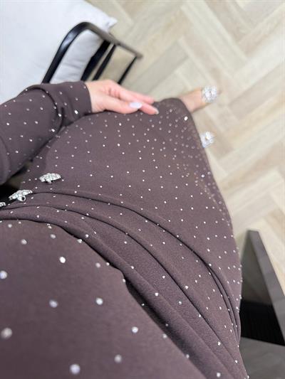 Orkide Bel Drapeli Taşli Krep Elbise Acı Kahve