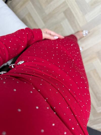 Orkide Bel Drapeli Taşli Krep Elbise Kırmızı