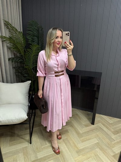 Orkide Bel Kemer Detaylı Tensel Elbise Pembe