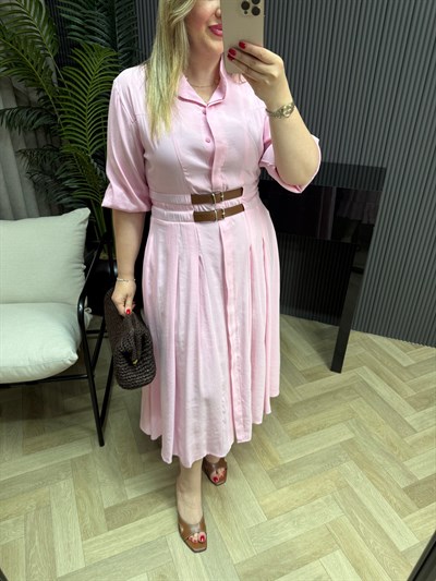 Orkide Bel Kemer Detaylı Tensel Elbise Pembe